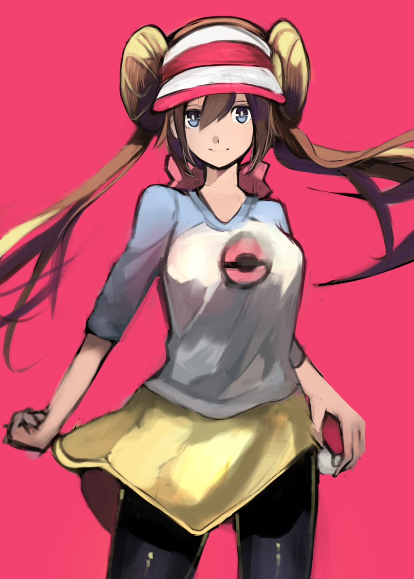 1girl absurdres black_legwear blue_eyes brown_hair floating_hair hair_between_eyes highres holding holding_poke_ball long_hair mei_(pokemon) miniskirt pantyhose poke_ball pokemon pokemon_(game) pokemon_bw2 red_background shirt simple_background skirt smile solo standing tarbo_(exxxpiation) twintails visor_cap yellow_skirt