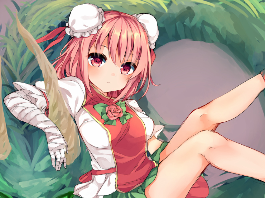 1girl amputee bandage bandaged_arm breasts chinese_clothes double_bun flower hair_bun ibaraki_kasen karasusou_nano looking_at_viewer pink_eyes pink_hair pink_rose rose shirt short_hair short_sleeves skirt solo tabard touhou