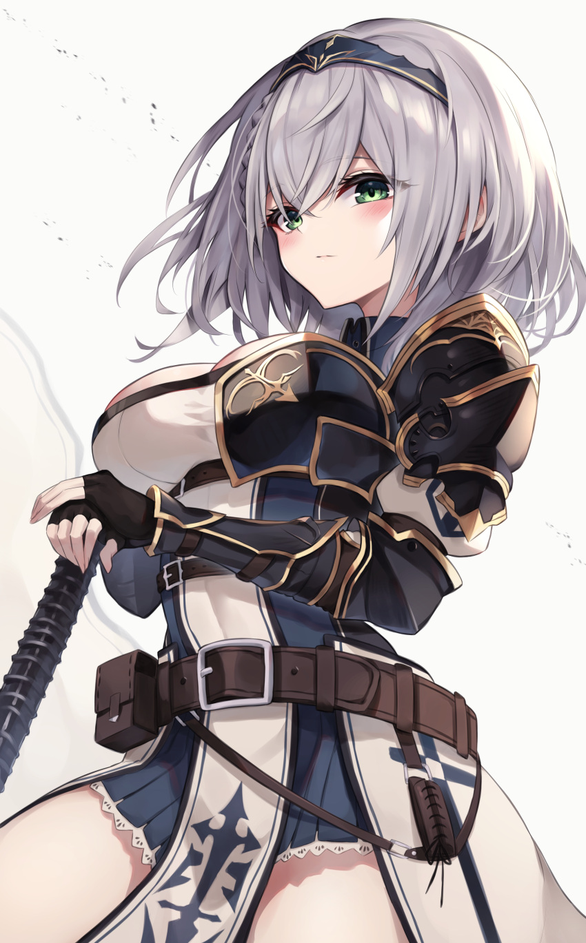 1girl absurdres armor armored_dress bangs belt_buckle black_gloves breasts buckle diieru eyebrows_behind_hair eyebrows_visible_through_hair fingerless_gloves gloves green_eyes grey_hair hair_between_eyes hairband highres holding holding_weapon hololive knight looking_at_viewer shirogane_noel short_hair simple_background solo virtual_youtuber weapon white_background