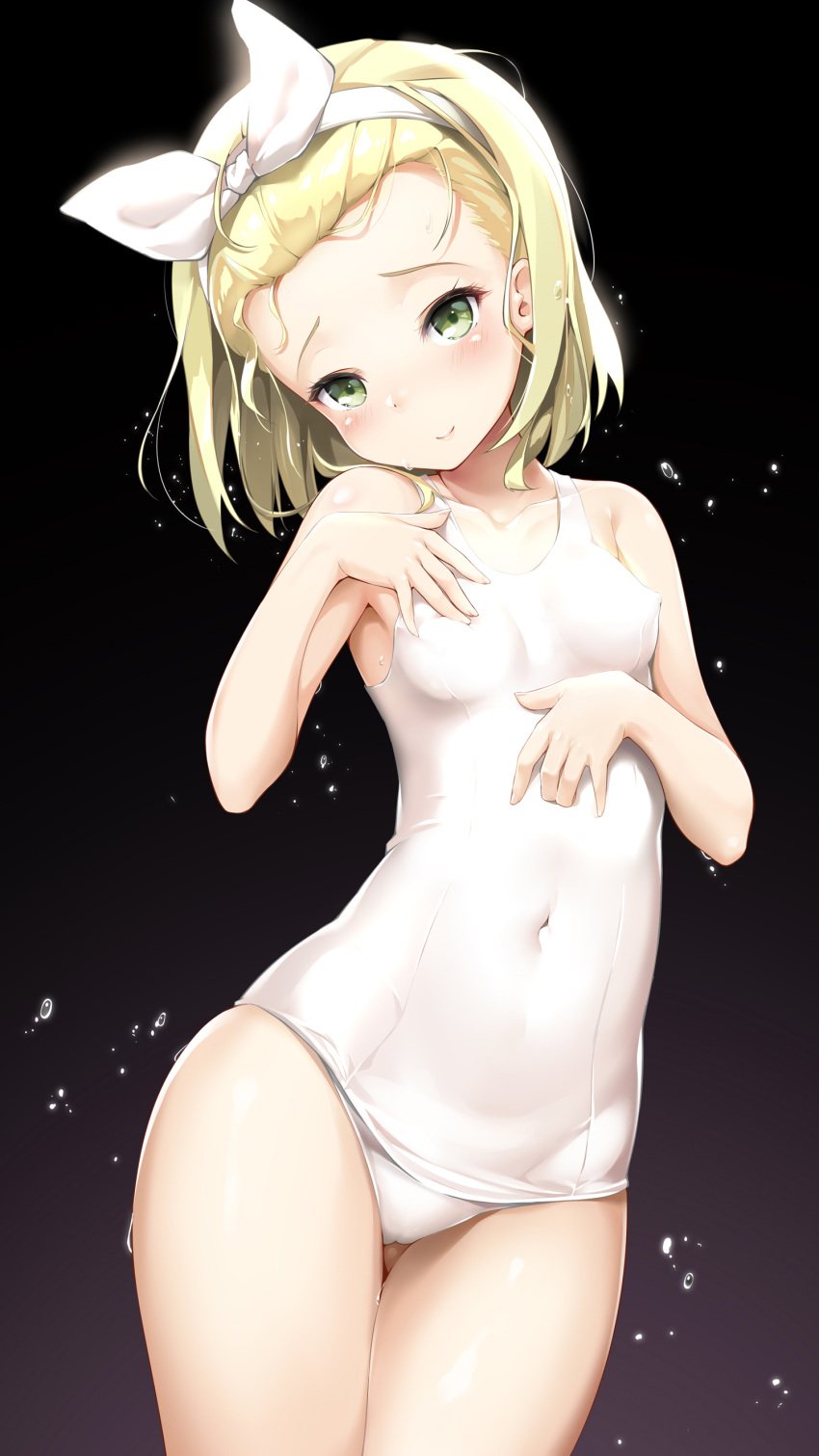 1girl absurdres bare_arms black_background blonde_hair covered_navel cowboy_shot erect_nipples gluteal_fold green_eyes hair_ribbon highres kantai_collection looking_at_viewer luigi_torelli_(kantai_collection) ribbon school_swimsuit short_hair shuffle_(songdatiankong) simple_background solo swimsuit wet white_ribbon white_school_swimsuit white_swimsuit