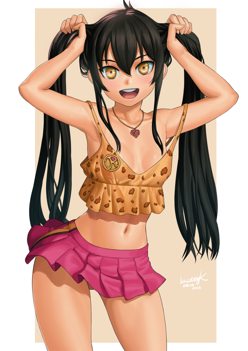 1girl :d adjusting_hair armpits arms_up artist_request black_hair breasts crop_top crop_top_overhang dated highres idolmaster idolmaster_cinderella_girls jewelry lasterk long_hair looking_at_viewer matoba_risa microskirt midriff navel necklace no_bra off_shoulder open_mouth outside_border patreon_reward pendant pink_skirt pleated_skirt shiny shiny_skin sidelocks signature skirt small_breasts smile solo standing strap_slip tank_top twintails yellow_eyes