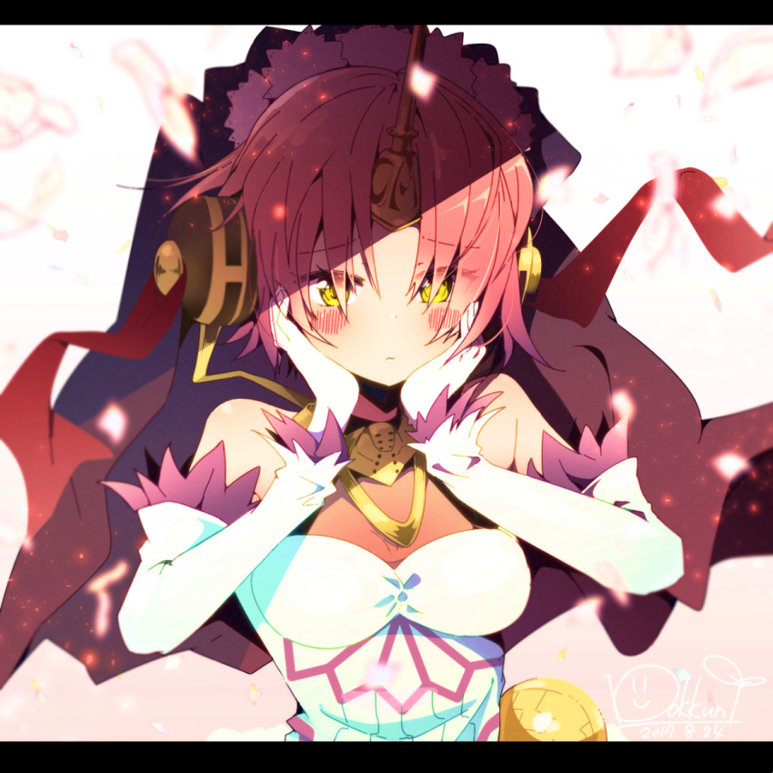 1girl berserker_of_black blush bokkun_(doyagaobyo) breasts elbow_gloves eyebrows_visible_through_hair fate/apocrypha fate_(series) gloves hands_on_own_cheeks hands_on_own_face headgear horn letterboxed medium_breasts petals pink_hair red_ribbon ribbon short_hair signature solo upper_body white_gloves yellow_eyes