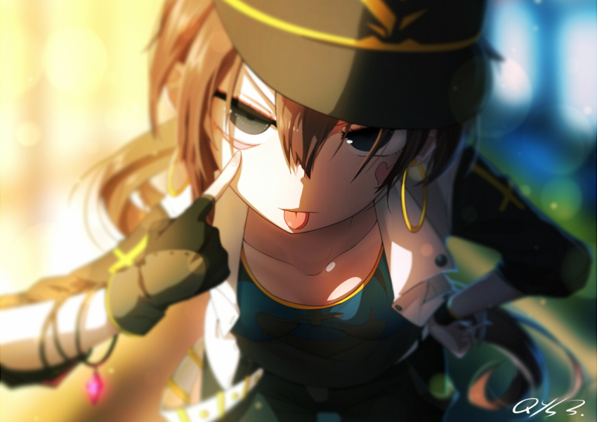 1girl :p bai_yemeng black_eyes black_gloves blurry breasts brown_hair commentary_request depth_of_field earrings fingerless_gloves gloves hand_on_hip hat heart jewelry long_hair looking_at_viewer original revision solo tongue tongue_out vest
