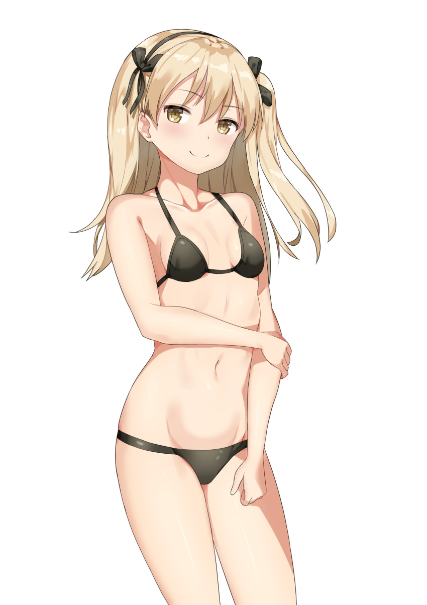 1girl bangs bare_arms bare_shoulders black_hairband black_ribbon blonde_hair blush breasts commentary cowboy_shot eyebrows_visible_through_hair girls_und_panzer hair_ribbon hairband hand_on_own_arm highres long_hair looking_at_viewer navel one_side_up ribbon shimada_arisu simple_background small_breasts solo standing stomach thighs unscpro white_background yellow_eyes