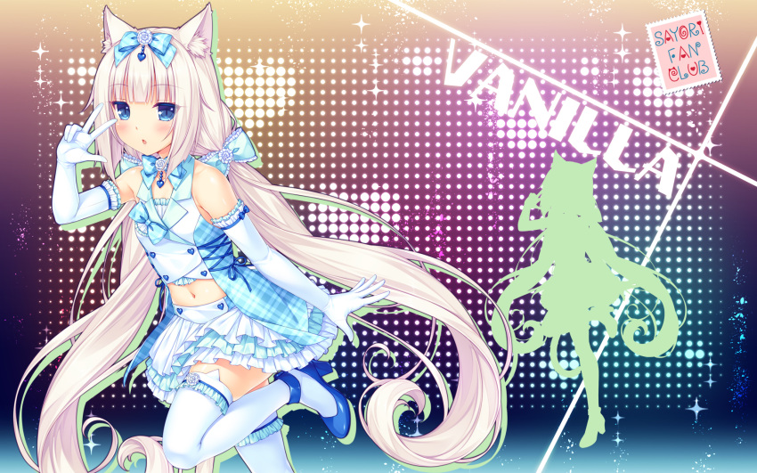 1girl animal_band_legwear animal_ears artist_name bangs bare_shoulders blue_eyes blunt_bangs bow cat_band_legwear cat_ears cat_tail character_name chestnut_mouth elbow_gloves eyebrows_visible_through_hair gloves hair_bow heart high_heels highres layered_skirt long_hair looking_at_viewer low_twintails midriff navel nekopara official_art open_mouth plaid sayori shirt silhouette sleeveless sleeveless_shirt slit_pupils solo sparkle tail thigh-highs twintails vanilla_(sayori) very_long_hair w wallpaper white_gloves white_hair white_legwear