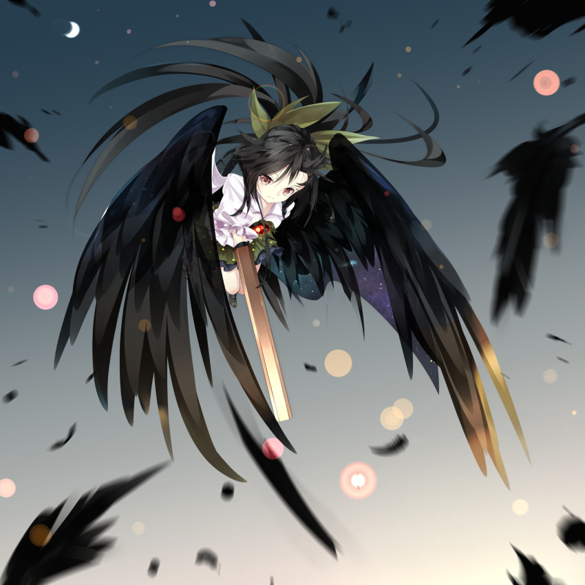 1girl arm_cannon black_feathers black_hair black_wings bow cape feathers full_body gorilla_(bun0615) gradient gradient_background green_bow green_skirt hair_bow highres long_hair looking_at_viewer miniskirt puffy_short_sleeves puffy_sleeves red_eyes reiuji_utsuho short_sleeves skirt solo touhou weapon wings