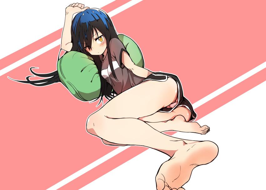 1girl absurdres arm_at_side arm_up bad_perspective balls_friend bare_legs barefoot black_hair blush boyshorts breasts eyebrows_visible_through_hair feet folded_leg foreshortening highres long_hair looking_at_viewer luke_(dydansgur) lying on_side one_eye_closed panties pantyshot pantyshot_(lying) pink_panties short_shorts short_sleeves shorts sidelocks simple_background small_breasts soles solo toes underwear yellow_eyes