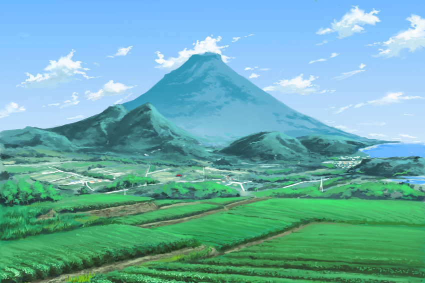 blue_sky clouds commentary_request day farm field highres hill hirota_(masasiv3) mountain no_humans outdoors scenery sky valley