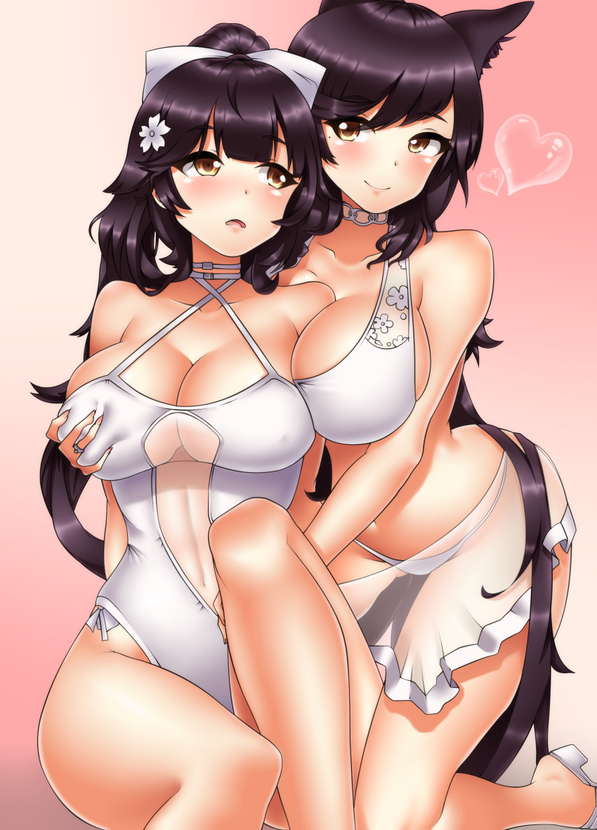 2girls absurdres animal_ears atago_(azur_lane) azur_lane bikini black_hair bow breasts brown_eyes cherry_blossoms cleavage collarbone competition_swimsuit derivative_work fox_ears grabbing grabbing_from_behind hair_bow hair_ribbon highres kneeling multiple_girls navel one-piece_swimsuit oooqqq ponytail ribbon see-through sitting smile swimsuit takao_(azur_lane) white_bikini