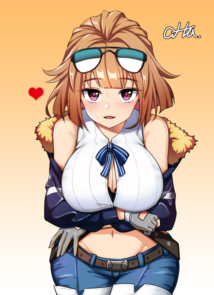 1girl blush breasts brown_hair child_(isoliya) cleavage eyebrows_visible_through_hair girls_frontline gloves grey_gloves grizzly_mkv_(girls_frontline) heart highres large_breasts parted_lips short_hair smile solo sunglasses sunglasses_on_head violet_eyes
