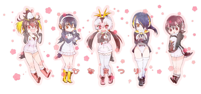 &gt;:d &gt;_&lt; 5girls :d ;) ^_^ animal animal_on_head black_boots black_hair blonde_hair blush boots breasts brown_eyes clenched_hands closed_eyes closed_mouth commentary_request emperor_penguin emperor_penguin_(kemono_friends) full_body gentoo_penguin gentoo_penguin_(kemono_friends) hair_between_eyes highleg highleg_leotard holding holding_animal hug humboldt_penguin humboldt_penguin_(kemono_friends) kemono_friends kneehighs leotard long_hair looking_at_another low_twintails medium_breasts mimige multicolored_hair multiple_girls on_head one_eye_closed open_mouth orange_hair outline outstretched_arms penguin_tail penguins_performance_project_(kemono_friends) pink_boots pink_eyes pink_hair profile rockhopper_penguin rockhopper_penguin_(kemono_friends) royal_penguin royal_penguin_(kemono_friends) small_breasts smile standing streaked_hair thigh-highs translation_request twintails white_hair white_legwear white_leotard yellow_boots