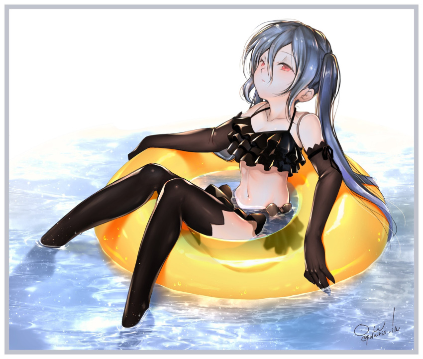 1girl black_gloves black_legwear blush breasts character_request cleavage collarbone doll_joints elbow_gloves gloves granblue_fantasy grey_hair highres innertube long_hair looking_away looking_up medium_breasts navel orchis parted_lips red_eyes sitting solo thigh-highs twintails yuitanpo