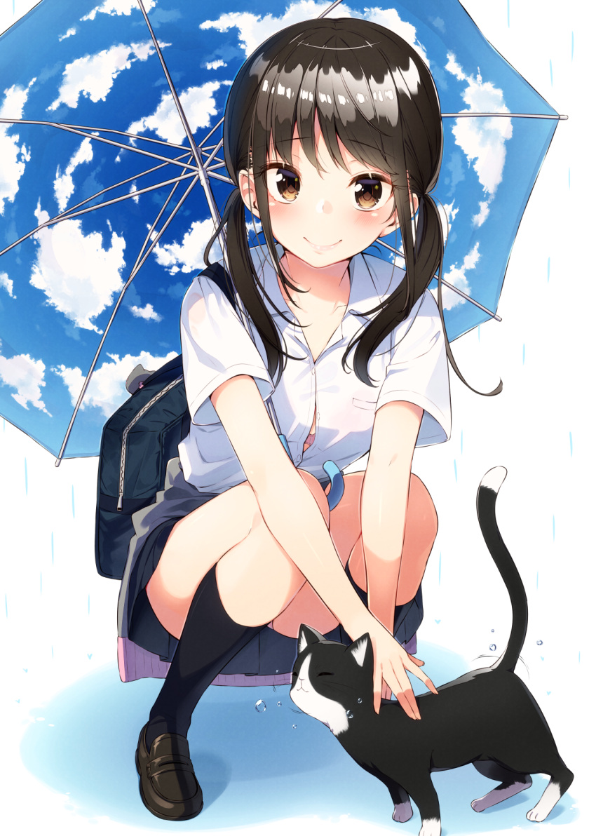 1girl black_hair bra brown_eyes cat clouds eyebrows_visible_through_hair fisheye highres long_hair looking_at_viewer low_twintails original panties pantyshot pantyshot_(squatting) rain sakuragi_ren school_uniform shirt smile solo squatting twintails underwear white_shirt