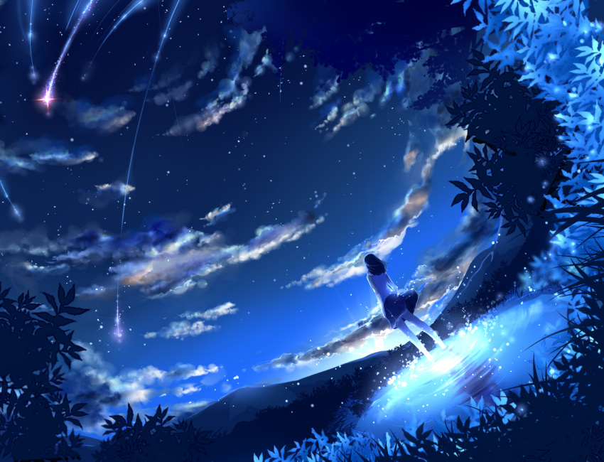 1girl akine_eiri bare_arms blue blue_skirt clouds cloudy_sky commentary_request grass horizon looking_up medium_hair night night_sky original outdoors pleated_skirt scenery shirt shooting_star skirt sky soaking_feet solo star_(sky) starry_sky sunrise water white_shirt