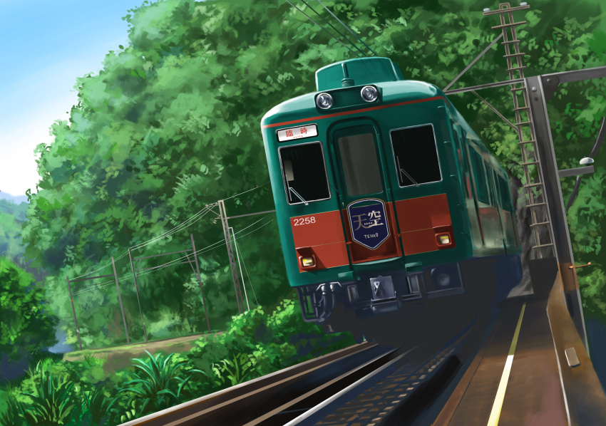 blue_sky bush cable commentary_request day forest grass ground_vehicle highres hirota_(masasiv3) nature no_humans outdoors railroad_tracks scenery sky train