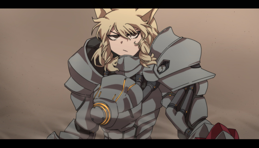 &gt;:/ 1girl :/ animal_ears armor blonde_hair breastplate brown_eyes cosplay highres kemono_friends letterboxed long_hair looking_at_viewer metal overwatch power_armor reinhardt_(overwatch) reinhardt_(overwatch)_(cosplay) serious solo standing takoongyi upper_body white_rhinoceros_(kemono_friends)