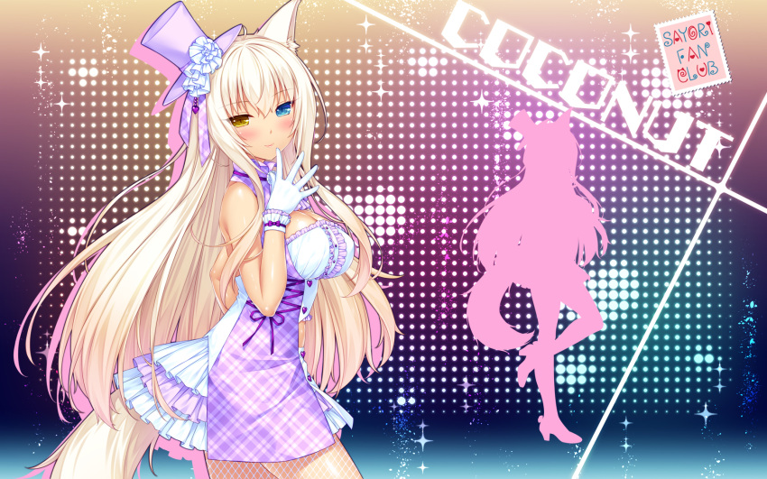 1girl animal_ears artist_name bare_shoulders blue_eyes breasts cat_ears cat_tail character_name coconut_(sayori) eyebrows_visible_through_hair fishnet_pantyhose fishnets from_side gloves hat heart heterochromia highres large_breasts layered_skirt long_hair looking_at_viewer mini_hat mini_top_hat nekopara official_art pantyhose plaid sayori shirt silhouette sleeveless sleeveless_shirt smile solo sparkle tail top_hat very_long_hair wallpaper white_gloves white_hair yellow_eyes