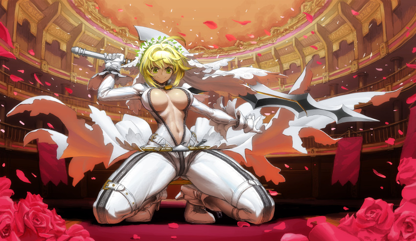 1girl aestus_estus ahoge belt blonde_hair bodysuit breasts breasts_apart center_opening chains closed_mouth commentary fate/extra fate/extra_ccc fate_(series) flower full_body gloves gluteal_fold green_eyes high_heels highres holding holding_sword holding_weapon kneeling large_breasts lock looking_at_viewer loped navel padlock petals rose rose_petals saber_bride saber_extra smile solo spread_legs sword unzipped veil weapon zipper