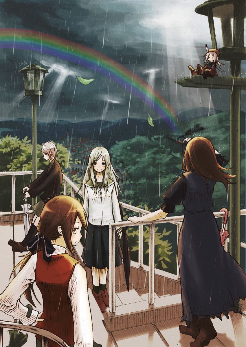 5girls arietta_fine black_legwear black_umbrella blonde_hair blue_dress bow brown_eyes brown_hair closed_umbrella clouds cloudy_sky dress facing_away falsita_fawcett hair_bow hand_on_hip highres lamppost leaf light_rays liselsia_cesarini long_hair looking_at_viewer multiple_girls phorni_(symphonic_rain) railing rain rainbow sky smile socks stairs sunbeam sunlight symphonic_rain tortinita_fine umbrella white_berets white_umbrella