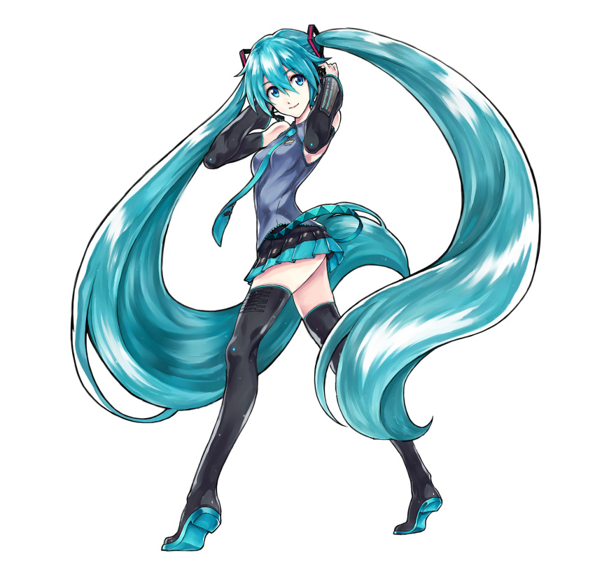1girl aqua_eyes aqua_hair aqua_necktie aqua_skirt ass bai_wang bare_shoulders black_boots black_legwear black_outline black_skirt black_sleeves blue_shirt boots breasts closed_mouth detached_sleeves eyebrows_visible_through_hair from_behind full_body hair_between_eyes hands_on_headphones hatsune_miku headphones highres long_hair looking_at_viewer looking_back medium_breasts necktie outline pleated_skirt shirt simple_background skirt sleeveless sleeveless_shirt smile solo standing thigh-highs thigh_boots twintails very_long_hair vocaloid white_background