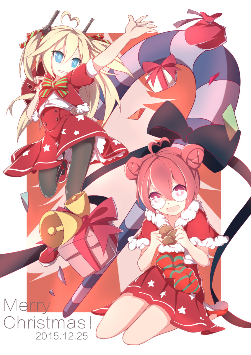 2girls ahoge blonde_hair blue_eyes box candy candy_cane capelet christmas dated double_bun food full_body fur_trim gift gift_bag gift_box hair_between_eyes heart_ahoge high-waist_skirt highres long_hair looking_at_viewer merry_christmas multiple_girls o'bannon_(zhan_jian_shao_nyu) open_mouth pantyhose pink_hair red_skirt seiza shirt short_sleeves sitting skirt sweatdrop two_side_up violet_eyes white_shirt william_d_porter_(zhan_jian_shao_nyu) zhan_jian_shao_nyu zhixiang_zhi