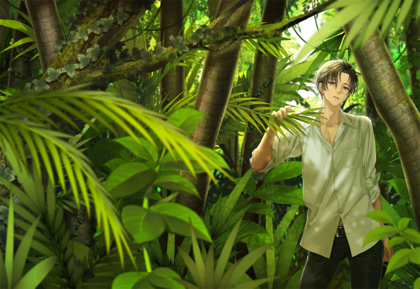 1boy black_pants brown_eyes brown_hair collarbone day forest leaf looking_at_viewer male_focus minamibe moss nature original outdoors pants shirt solo standing tree white_shirt