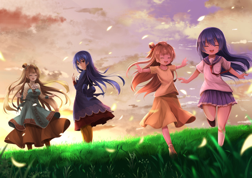 4girls blue_hair blue_skirt bow brown_eyes brown_hair brown_pants brown_shirt brown_skirt closed_eyes day dress floating_hair grass hair_bow highres kneehighs long_dress long_hair looking_back love_live! love_live!_school_idol_project minami_kotori miniskirt multiple_girls neckerchief one_leg_raised open_mouth orein outdoors outstretched_arms pants pleated_skirt red_bow red_neckerchief school_uniform serafuku shirt short_sleeves skirt smile sonoda_umi very_long_hair white_legwear white_shirt