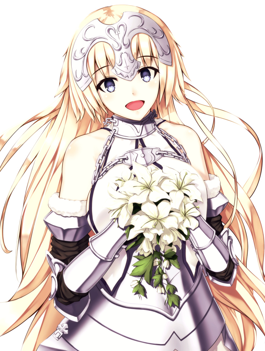 1girl armor bare_shoulders blonde_hair blue_eyes blush bouquet enchuu eyebrows_visible_through_hair fate/grand_order fate_(series) flower headpiece highres holding holding_bouquet long_hair open_mouth ruler_(fate/apocrypha) smile solo
