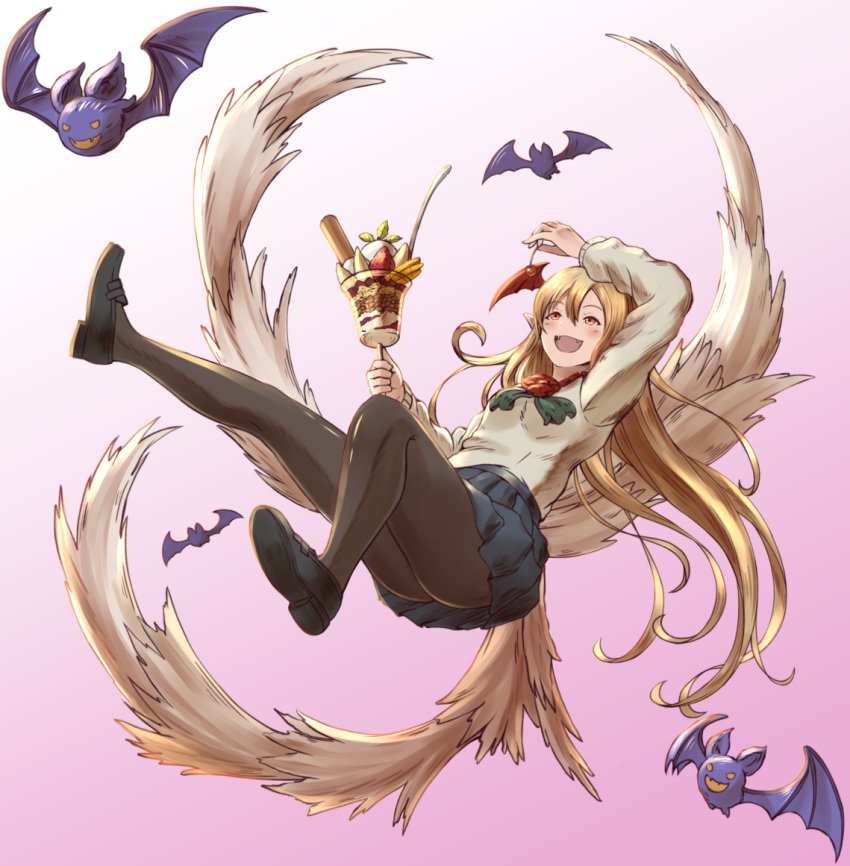 1girl :d arm_up bat black_legwear black_shoes blonde_hair blue_skirt brown_eyes cherry commentary_request fang food fruit full_body gradient gradient_background granblue_fantasy haido_(ryuuno_kanzume) head_wings holding holding_food loafers long_hair long_sleeves low_wings open_mouth pantyhose parfait pink_background pleated_skirt shingeki_no_bahamut shirt shoes skirt smile strawberry tail vampy very_long_hair white_shirt white_wings wings