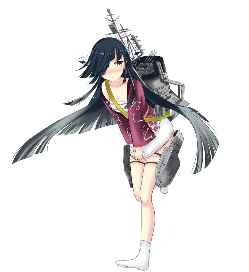 1girl black_hair blush covering covering_crotch derivative_work dial16yoi hair_over_one_eye hair_ribbon hayashimo_(kantai_collection) japanese_clothes kantai_collection long_hair ribbon sarashi solo standing standing_on_one_leg tabi very_long_hair yellow_eyes