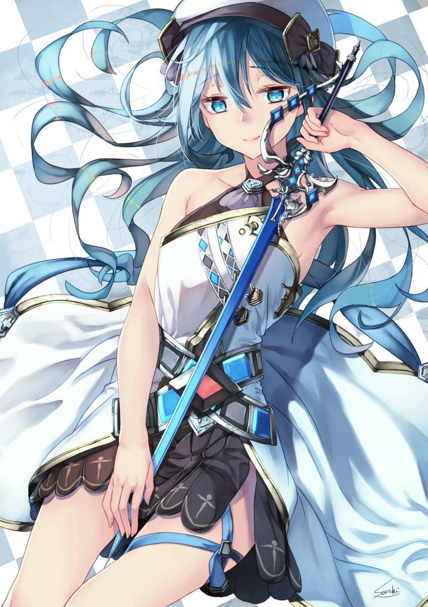 1girl armpits artist_name black_skirt blue_eyes blue_hair blush breasts closed_mouth collarbone eyebrows_visible_through_hair highres holding holding_sword holding_weapon long_hair looking_at_viewer lying medium_breasts on_back original saraki signature skirt smile solo sword weapon