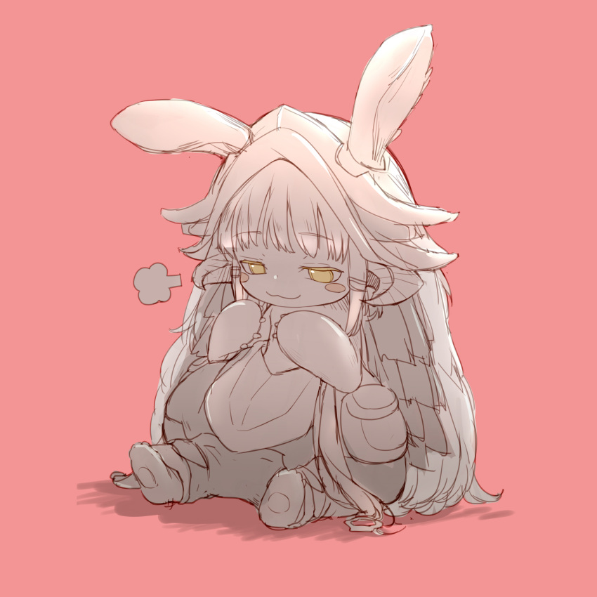 1girl :3 absurdres animal_ears blush_stickers closed_mouth eyebrows_visible_through_hair fume furry helmet highres horned_helmet made_in_abyss nanachi_(made_in_abyss) pants pink_background shui_shaan sitting solo spot_color tail yellow_eyes