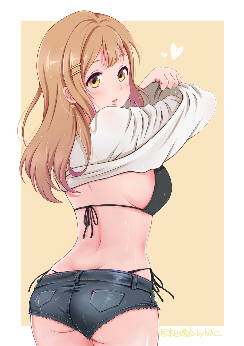 1girl absurdres bikini black_bikini brown_eyes brown_hair cowboy_shot denim denim_shorts from_behind highres kunikida_hanamaru long_hair looking_at_viewer looking_back love_live! love_live!_sunshine!! nacl_(v_virgo) short_shorts shorts side-tie_bikini simple_background solo swimsuit yellow_background