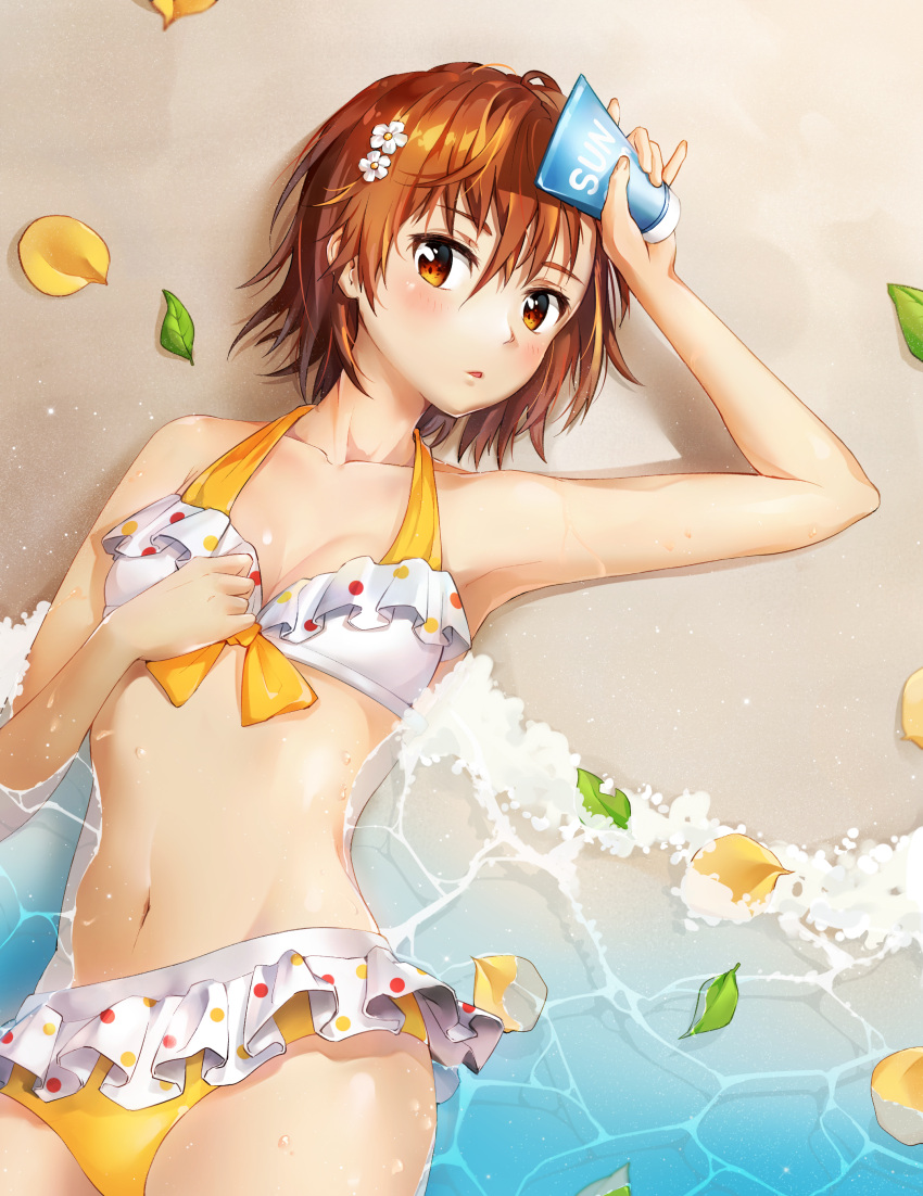 1girl absurdres bikini brown_eyes brown_hair cowboy_shot flat_chest food frilled_bikini frills front-tie_top fruit highres leaf looking_at_viewer lying misaka_mikoto mismatched_bikini nyamunyamu peach polka_dot sand short_hair solo swimsuit to_aru_kagaku_no_railgun to_aru_majutsu_no_index water