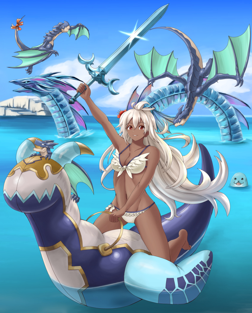1girl barefoot bikini bow breasts collarbone commentary_request dark_skin day dragon eyebrows_visible_through_hair flower frilled_bikini frills front-tie_top full_body glint granblue_fantasy groin haido_(ryuuno_kanzume) hair_between_eyes hair_flower hair_ornament highres holding holding_sword holding_weapon inflatable_toy leviathan_(granblue_fantasy) long_hair medium_breasts outdoors outstretched_arm parted_lips profile red_eyes sky smile sparkle swimsuit sword tail tail_bow the_order_grande very_long_hair water weapon white_bikini