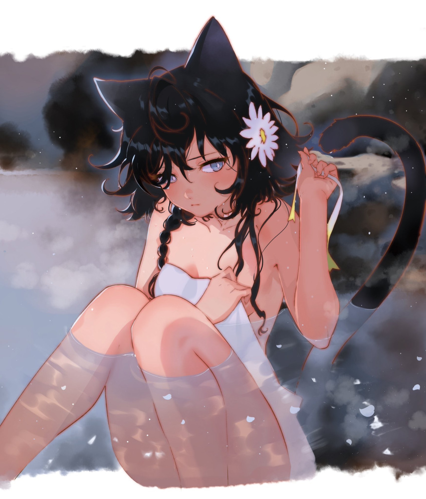 1girl animal_ears aruterra bathing black_hair braid breasts bright_pupils cat_ears cat_tail covering flower hair_flower hair_ornament highres lavender_eyes looking_away naked_towel nude_cover onsen original outdoors partially_submerged petals ribbon short_hair side_braid sitting small_breasts snowing solo steam tail towel wet white_pupils