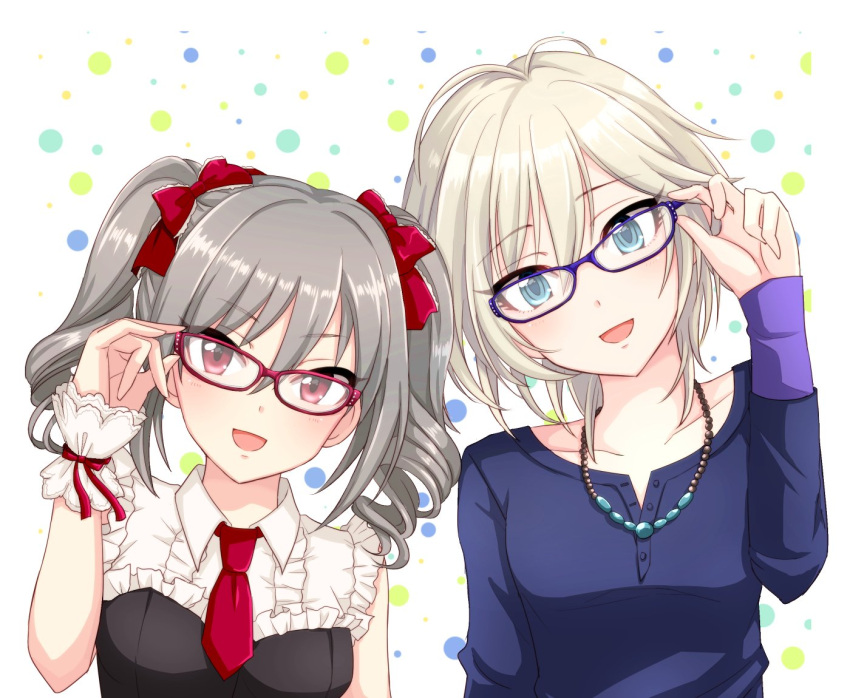 2girls adjusting_glasses anastasia_(idolmaster) bespectacled blue-framed_eyewear blue_eyes drill_hair glasses idolmaster idolmaster_cinderella_girls jewelry kanzaki_ranko long_hair multiple_girls necklace open_mouth popon_ta red-framed_eyewear red_eyes short_hair silver_hair smile twin_drills twintails