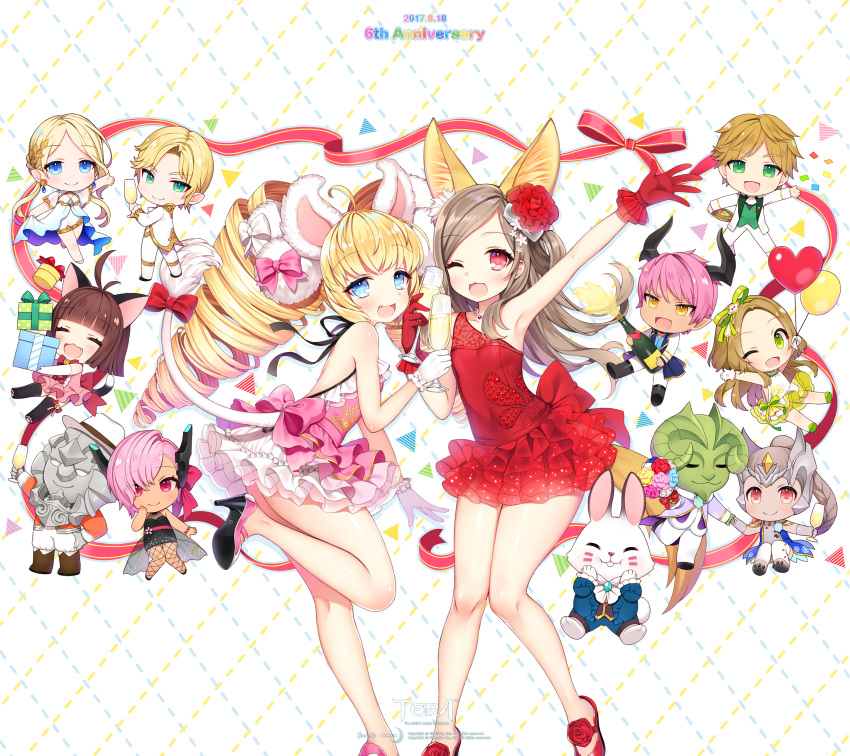 6+boys 6+girls absurdres ahoge alcohol animal_ears anniversary arm_up armpits arms_up balloon bare_back black_dress black_legwear blonde_hair blue_eyes bottle bouquet brown_eyes brown_hair bunny_tail byulzzimon castanic_(tera) cat_ears cat_tail champagne champagne_bottle chibi closed_eyes coat copyright_name cup curly_hair dark_skin dog_ears dog_tail dress drill_hair drinking_glass earrings elbow_gloves elf elin_(tera) fang fishnet_pantyhose fishnets flower formal gift gloves green_eyes hair_flower hair_ornament hairband hand_holding hand_on_hip hand_to_own_mouth hands_on_own_face hat high_heels highres horns jewelry leg_lift legs lion_ears lion_tail long_hair multiple_boys multiple_girls necklace official_art one_eye_closed open-back_dress open_mouth outstretched_arms pants pantyhose pink_dress pink_hair pink_shoes pointy_ears popori rabbit rabbit_ears red_dress red_eyes red_shoes ribbon shoes short_dress short_hair single_bare_shoulder sleeveless sleeveless_dress smile standing standing_on_one_leg strapless strapless_dress suit tail teeth tera_online thigh-highs twintails wallpaper white_dress white_suit