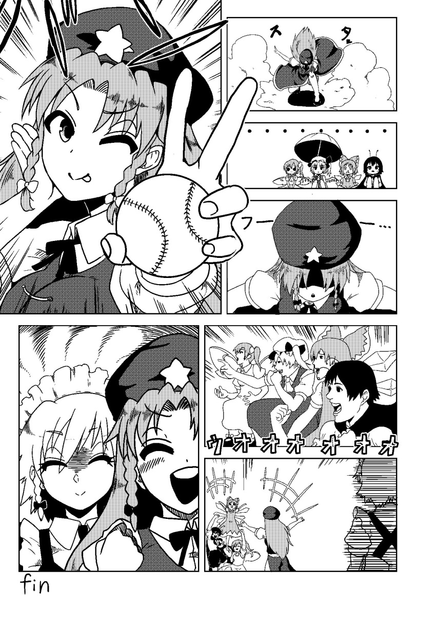 &gt;;) +++ 6+girls :p antenna_hair baseball blush bow braid cape cirno comic daiyousei fairy_wings flandre_scarlet gaijin_4koma greyscale hair_bow hat highres himajin_no_izu hong_meiling ice ice_wings izayoi_sakuya maid_headdress mob_cap monochrome multiple_girls parasol short_hair short_sleeves side_braid side_ponytail smile snot star sweat tongue tongue_out touhou twin_braids umbrella wings wriggle_nightbug