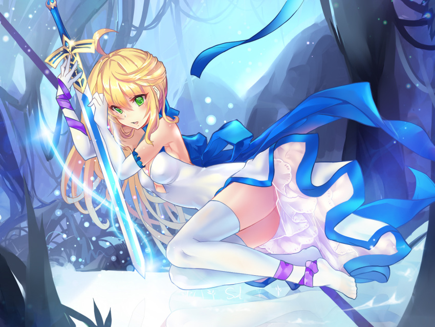 1girl :d ahoge ankle_ribbon artoria_pendragon_(all) blonde_hair blue_ribbon breasts cleavage covering_nipples dress elbow_gloves excalibur fate/stay_night fate_(series) full_body gloves green_eyes hair_between_eyes highres long_hair open_mouth purple_ribbon ribbon saber sideboob sleeveless sleeveless_dress smile solo thigh-highs white_dress white_gloves white_legwear