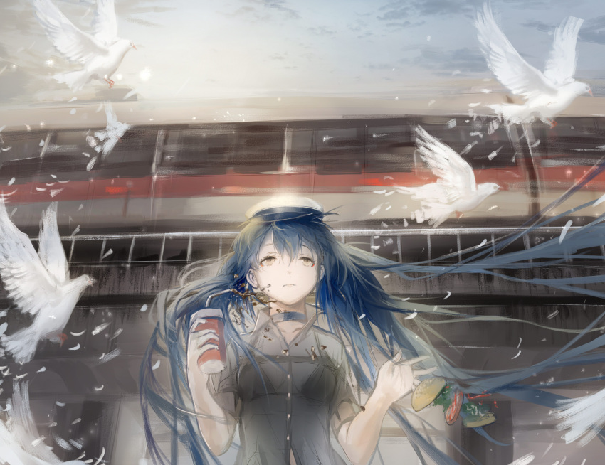 1girl bird black_bra black_shirt blue_hair bra breasts choker cleavage collarbone day dress_shirt floating_hair from_below hair_between_eyes hat hatsune_miku highres long_hair outdoors sa'yuki see-through shirt small_breasts solo twintails underwear upper_body very_long_hair vocaloid white_feathers yellow_eyes