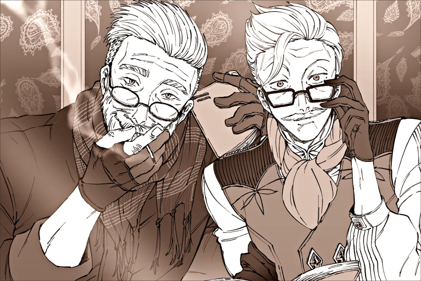 2boys beard facial_hair fate/grand_order fate_(series) formal glasses gloves hand_on_eyewear highres james_moriarty_(fate/grand_order) looking_at_viewer male_focus monochrome multiple_boys mustache qsie95 scarf smile smoke smoking vest white_hair william_tell_(fate/grand_order)