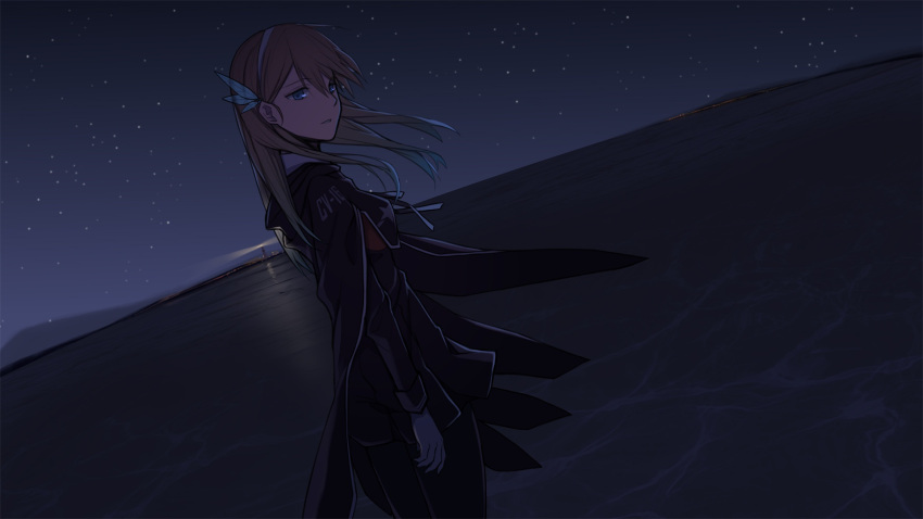 1girl blonde_hair blue_eyes capelet character_name clothes_writing expressionless gloves hair_ornament hairband highres lexington_(cv-16)_(zhan_jian_shao_nyu) lighthouse long_hair night parted_lips solo white_gloves wind zhan_jian_shao_nyu zhixiang_zhi