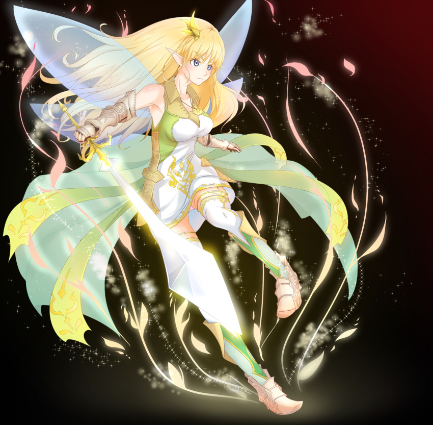 1girl blonde_hair blue_eyes boots elf fairy_wings full_body gauntlets green_boots highres holding holding_sword holding_weapon jewelry long_hair looking_to_the_side necklace okauititia olivier_(sennen_sensou_aigis) pointy_ears sennen_sensou_aigis solo standing standing_on_one_leg sword thigh-highs weapon white_legwear wings