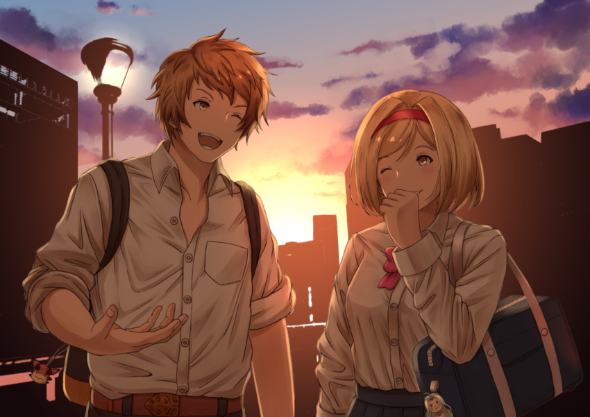 &gt;;d 1boy 1girl ;d backpack bag belt blonde_hair blue_skirt breast_pocket breasts brown_eyes brown_hair building clenched_hand clouds collared_shirt commentary_request djeeta_(granblue_fantasy) dress_shirt gran_(granblue_fantasy) granblue_fantasy haido_(ryuuno_kanzume) hairband keychain lamppost long_sleeves looking_at_another lyria_(granblue_fantasy) medium_breasts one_eye_closed open_mouth outdoors parted_lips pleated_skirt pocket school_bag school_uniform shirt short_hair skirt sky smile spiky_hair sunset talking vee_(granblue_fantasy) white_shirt wing_collar