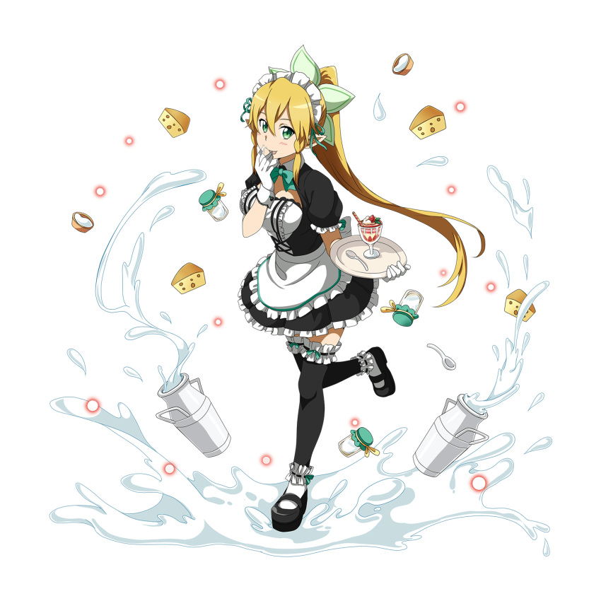 1girl :p apron blonde_hair bottle breasts cheese cleavage finger_licking food frilled_legwear full_body gloves green_eyes hand_to_own_mouth highres holding holding_tray leafa licking long_hair looking_at_viewer maid maid_apron maid_headdress milk parfait pointy_ears ponytail short_sleeves solo spoon sword_art_online thigh-highs tongue tongue_out transparent_background tray waist_apron white_gloves