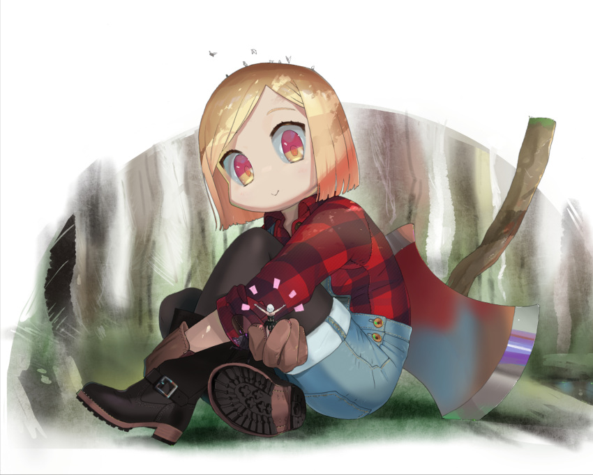 (stag) 2girls assassin_of_black axe bird black_legwear blonde_hair boots brown_boots character_request dress_shirt eyebrows_visible_through_hair fate/grand_order fate_(series) flannel forest full_body giantess highres holding leg_hug looking_at_another multiple_girls nature outdoors outstretched_arms overalls pantyhose paul_bunyan_(fate/grand_order) plaid plaid_shirt shirt short_hair sitting smile solo_focus weapon yellow_eyes