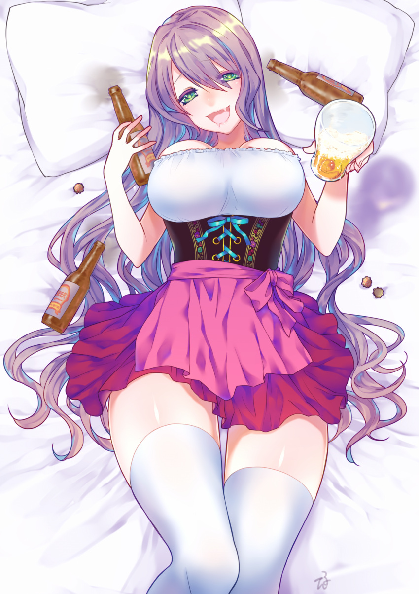 1girl :d alcohol beer_bottle blush bottle_cap breasts corset green_eyes highres large_breasts long_hair looking_at_viewer lying nan on_back on_bed open_mouth pillow pink_skirt purple_hair skirt smile white_legwear