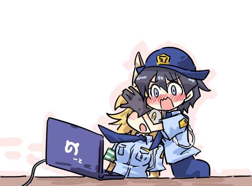 animal_ears blush computer covering_another's_eyes female_service_cap hat japari_symbol kaban_(kemono_friends) kemono_friends laptop necktie pencil_skirt police police_hat police_uniform policewoman seki_(red_shine) serval_(kemono_friends) serval_ears skirt uniform