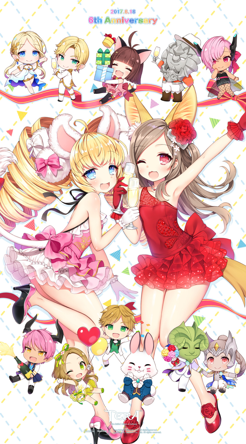 6+boys 6+girls absurdres ahoge alcohol animal_ears anniversary arm_up armpits arms_up balloon bare_back black_dress black_legwear blonde_hair blue_eyes bottle bouquet brown_eyes brown_hair bunny_tail byulzzimon castanic_(tera) cat_ears cat_tail champagne champagne_bottle chibi closed_eyes coat copyright_name cup curly_hair dark_skin dog_ears dog_tail dress drill_hair drinking_glass earrings elbow_gloves elf elin_(tera) fang fishnet_pantyhose fishnets flower formal gift gloves green_eyes hair_flower hair_ornament hairband hand_holding hand_on_hip hand_to_own_mouth hands_on_own_face hat high_heels highres horns jewelry leg_lift legs lion_ears lion_tail long_hair multiple_boys multiple_girls necklace official_art one_eye_closed open-back_dress open_mouth outstretched_arms pants pantyhose pink_dress pink_hair pink_shoes pointy_ears popori rabbit rabbit_ears red_dress red_eyes red_shoes ribbon shoes short_dress short_hair single_bare_shoulder sleeveless sleeveless_dress smile standing standing_on_one_leg strapless strapless_dress suit tail teeth tera_online thigh-highs twintails wallpaper white_dress white_suit